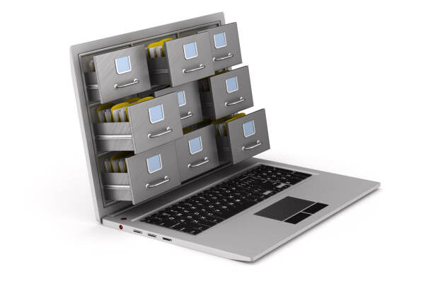 laptop with filing cabinet on white background. Isolated 3D illustration ЭСФ в Алматы